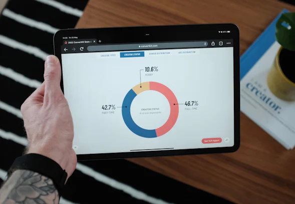 A person's hand holding an iPad with the ConvertKit State of the Economy Report displayed on it.