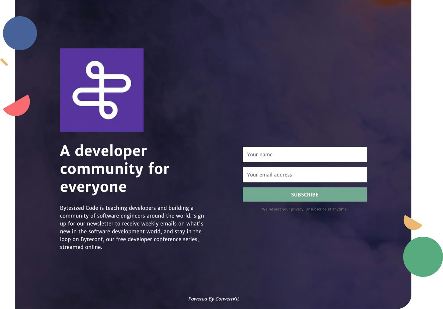 Bytesized Code's newsletter landing page