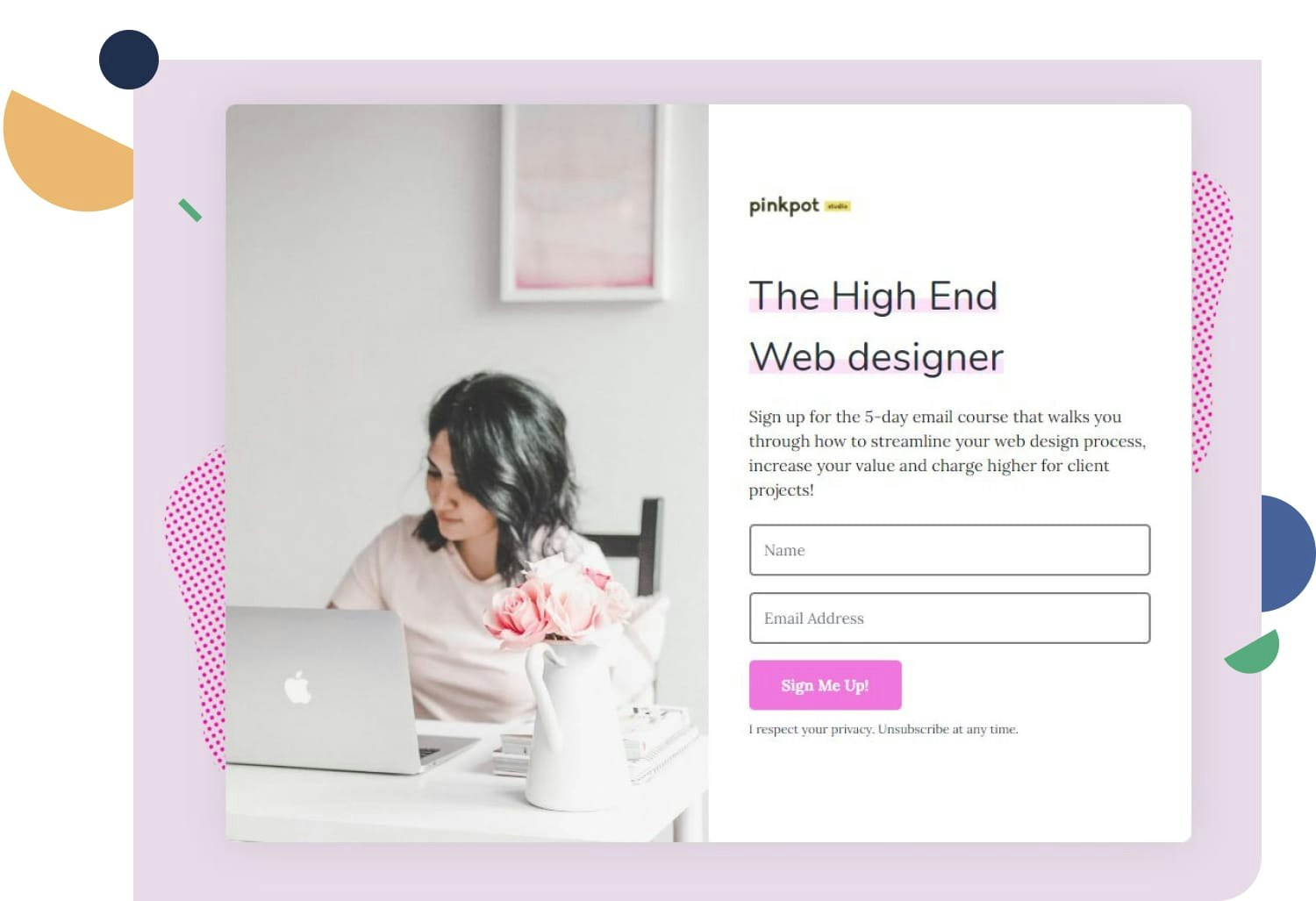 This email course from one of our ConvertKit members helps web designers streamline their process. Image via pinkpot studio