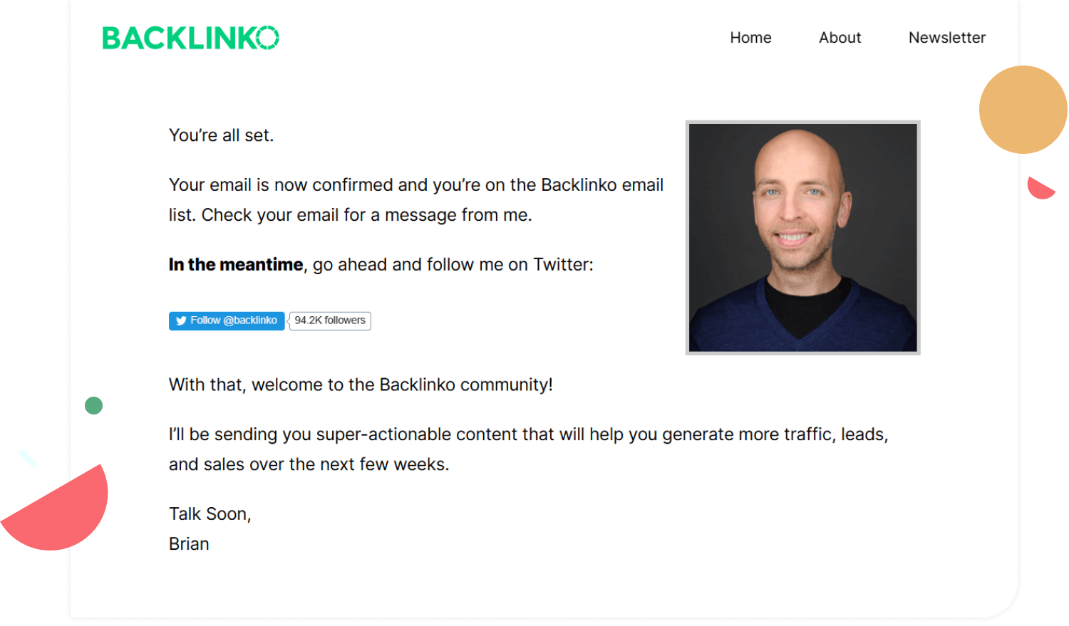 Thank you page from Backlinko