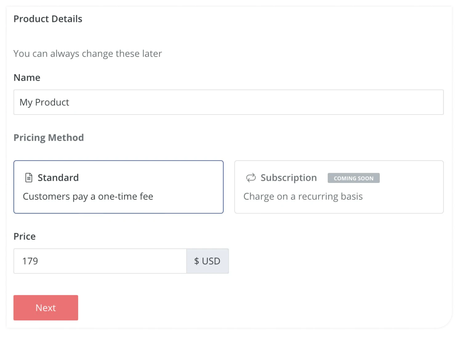 As of publishing, creators can set up a one-time fee for their ebook. Recurring subscriptions are coming soon! Image via ConvertKit. 