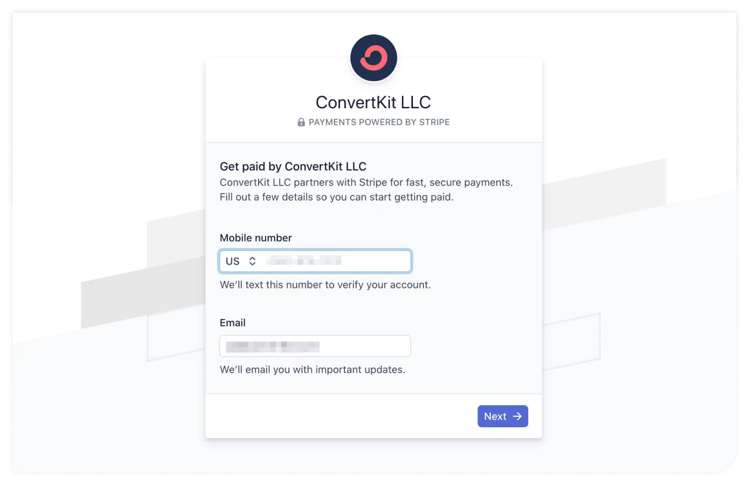 Your Stripe account mobile number and email connect ConvertKit payments to sell ebooks on your own website. Image via ConvertKit.