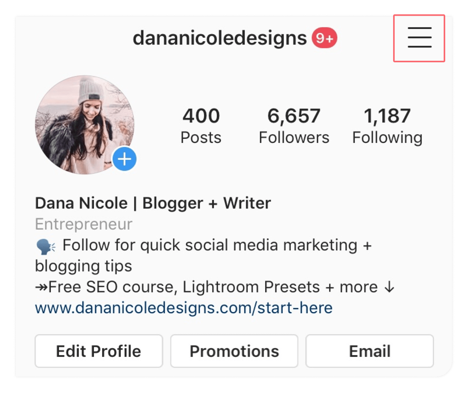 Click on the hamburger icon to access your analytics. Image via Dana Nicole's Instagram