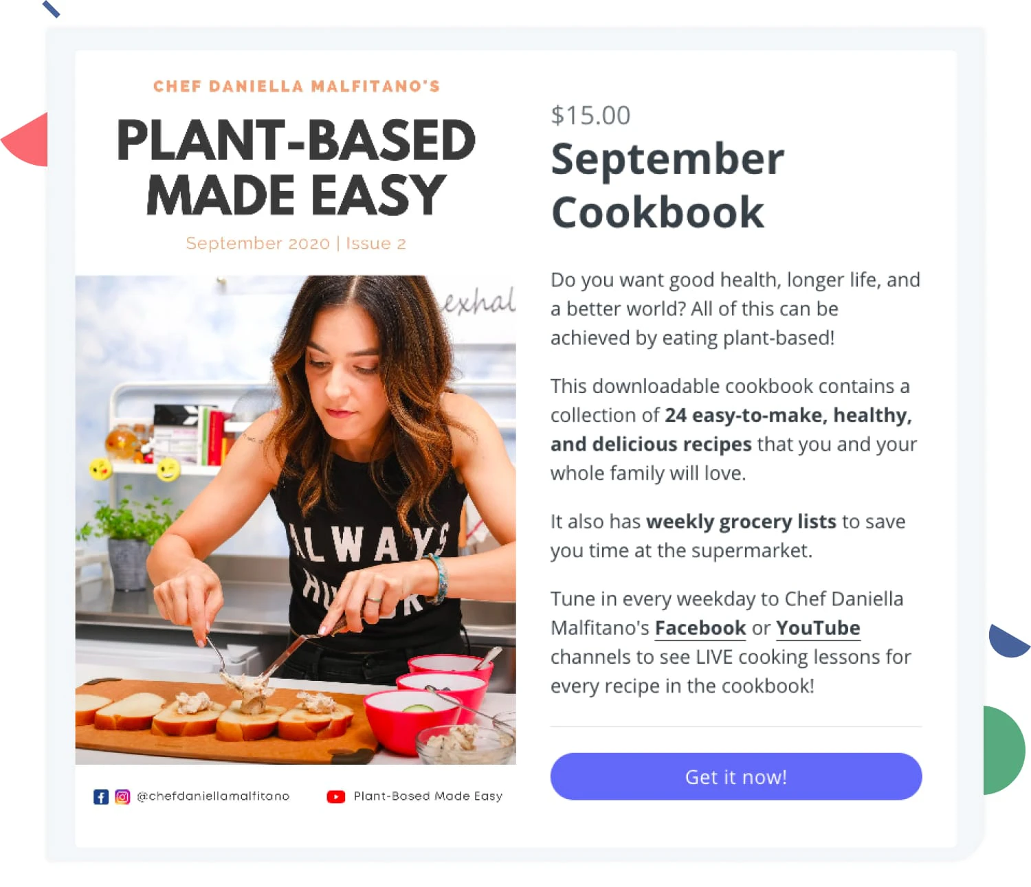 Chef Daniella Maltifano cross-promotes her cookbooks on daily live streams. Image via Plant-Based Made Easy. 