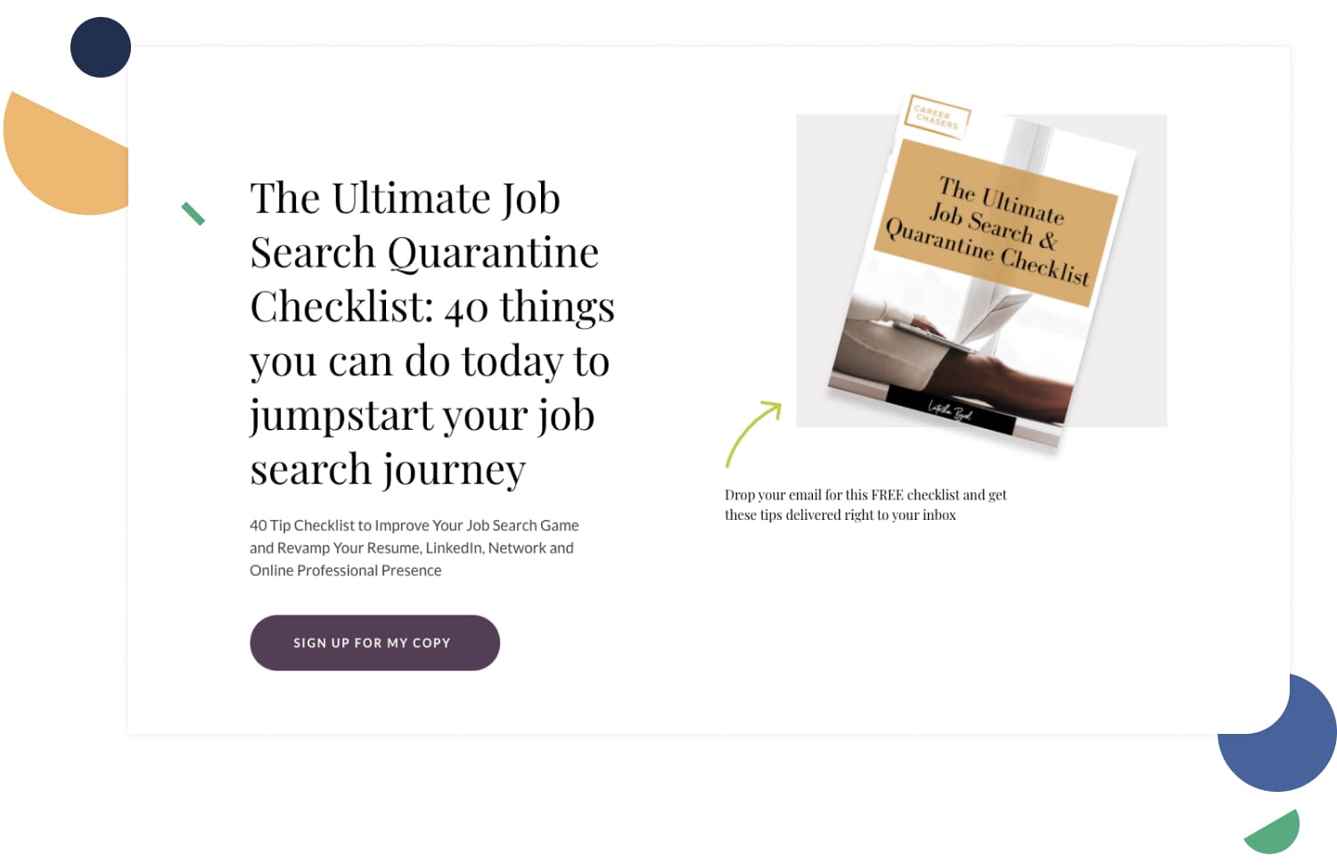 Career coach Latesha Byrd incentivizes new email signups with an Ultimate Job Search Quarantine Checklist.
