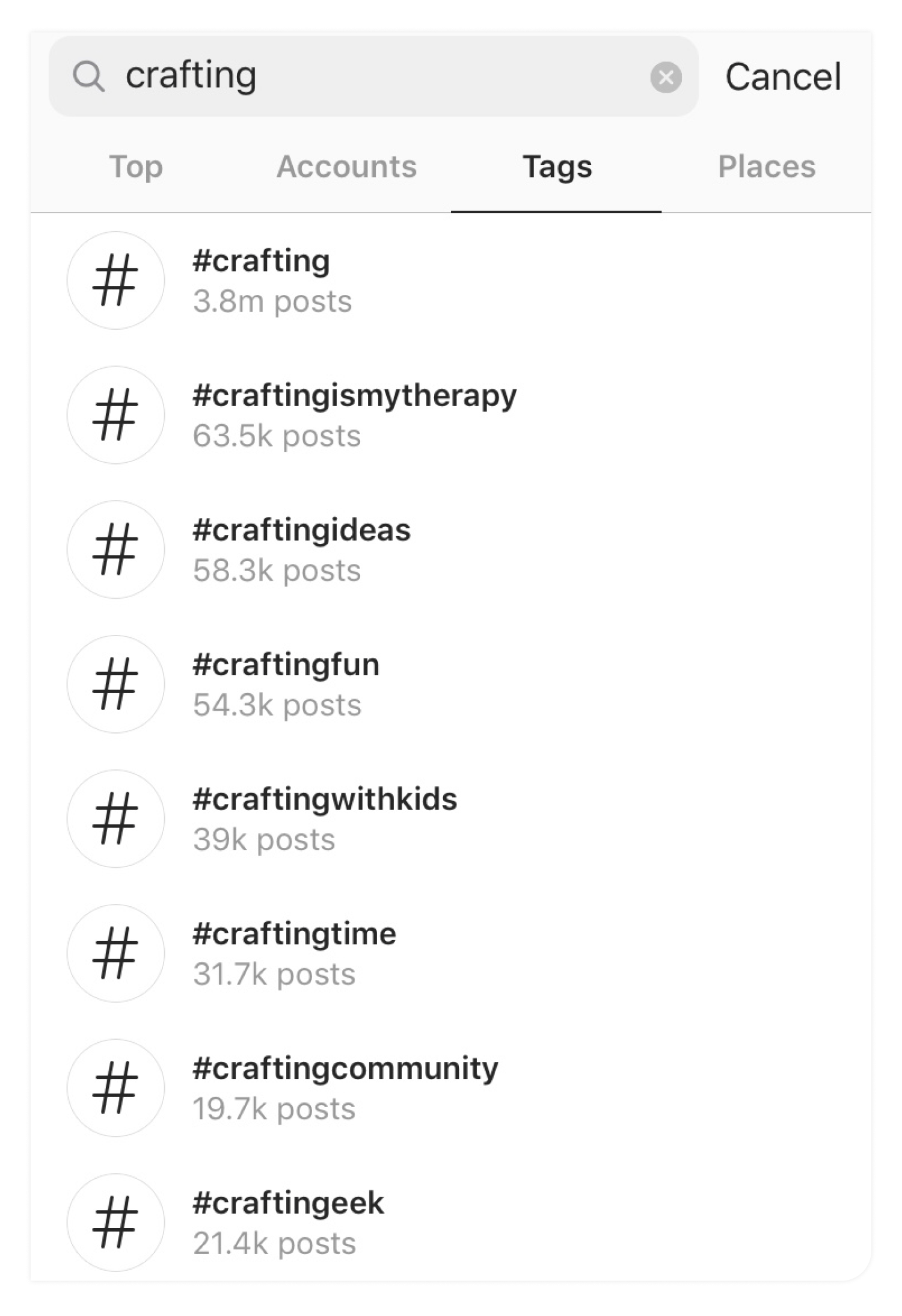 Searching for #crafting yields many related hashtags. https://drive.google.com/open?id=1Mpwxq9GGpXJBHAcQdoFjYYMJMwKPr0rE