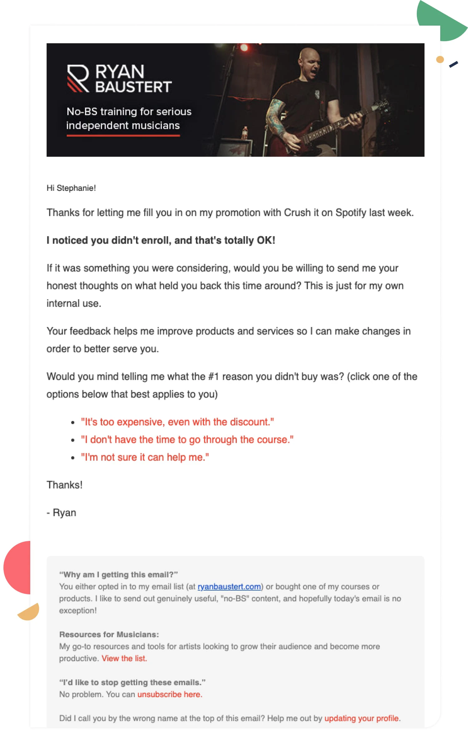 Creator Ryan Baustert learns about his audience by asking what held them back from buying his products. Image via Ryan Baustert.