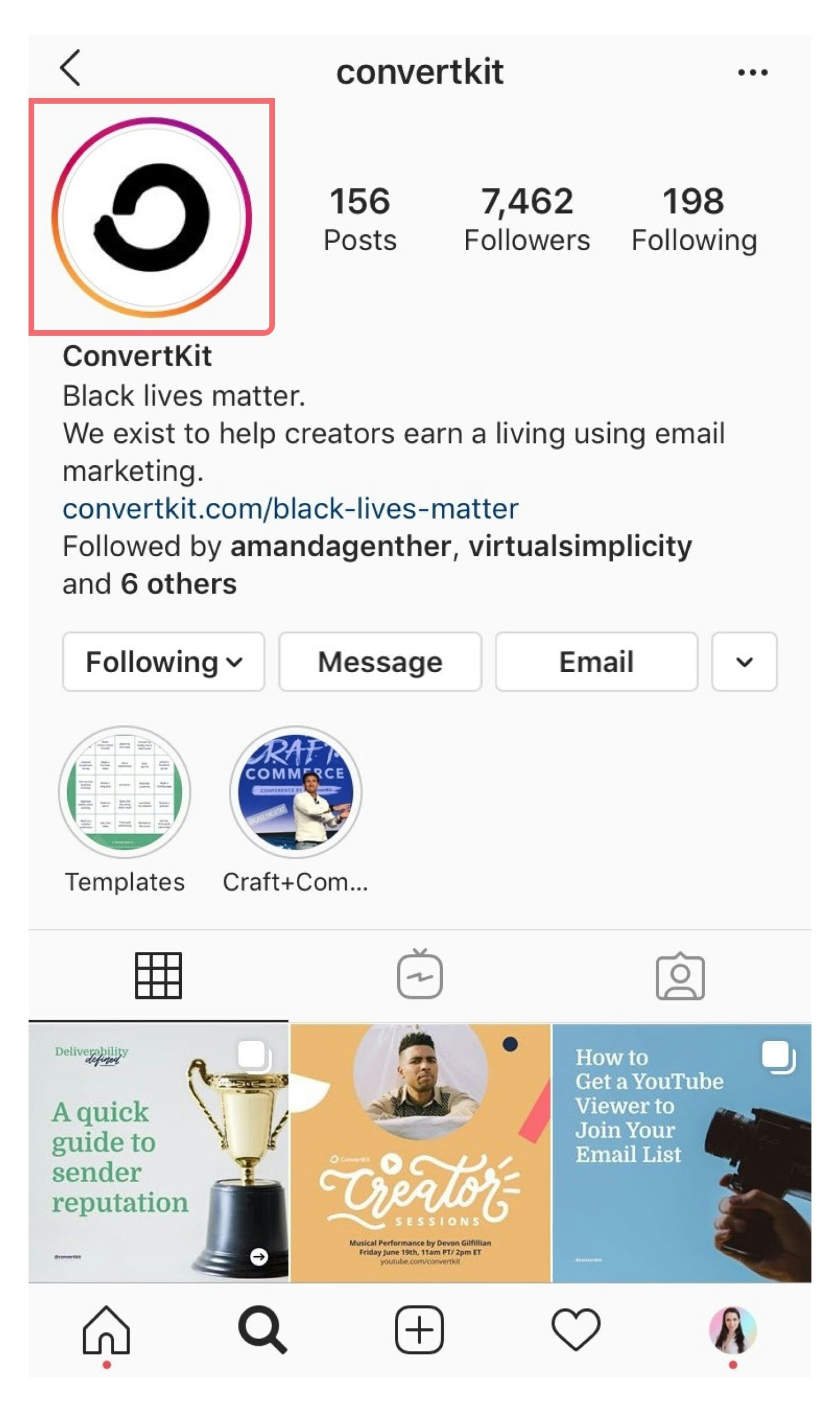 View Instagram Stories from a user’s profile by tapping on their profile image. Image via ConvertKit’s Instagram.