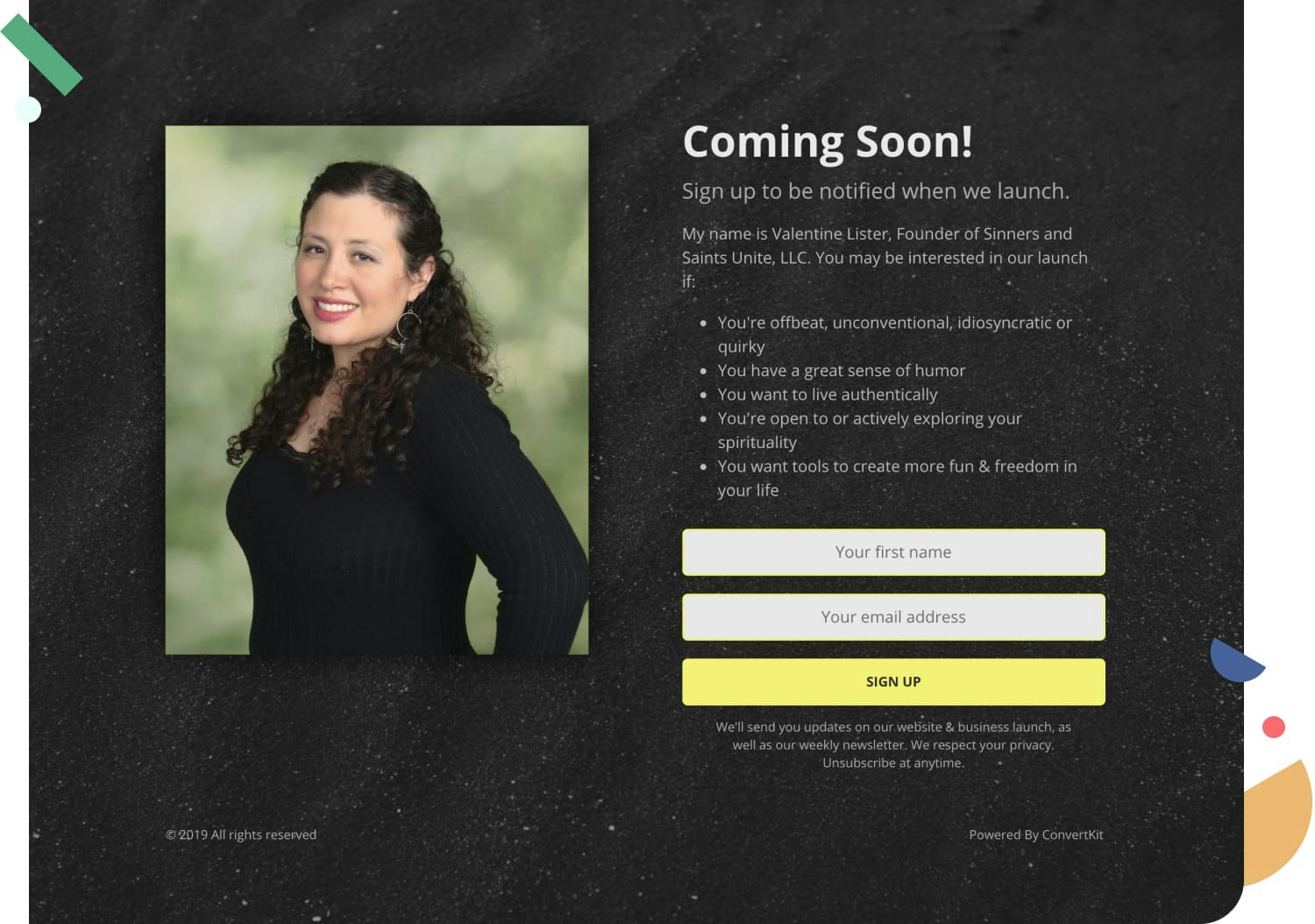 Valentine Lister's coming soon landing page