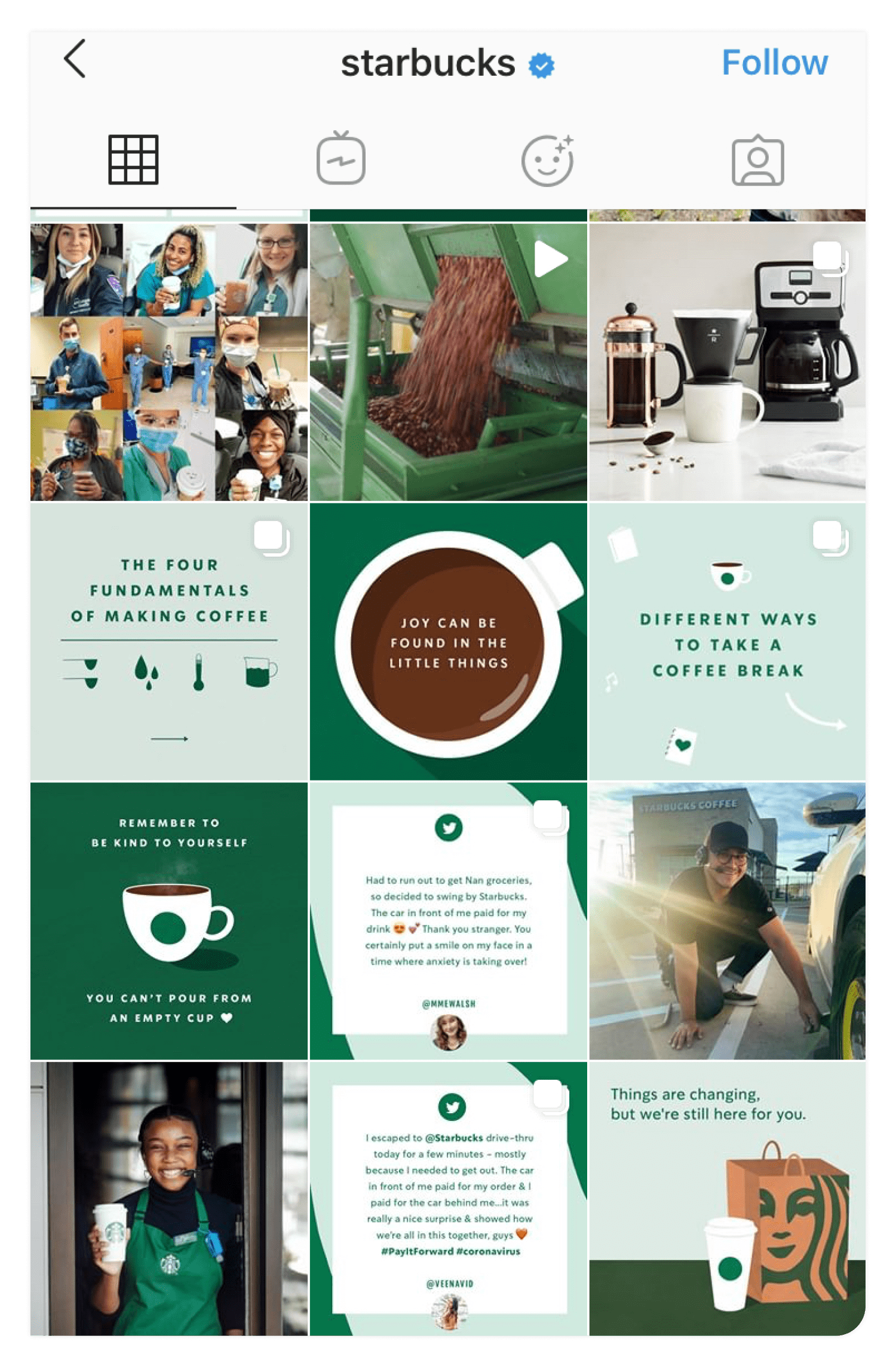 Starbucks incorporates brand colors into their Instagram feed theme. Image via @starbucks