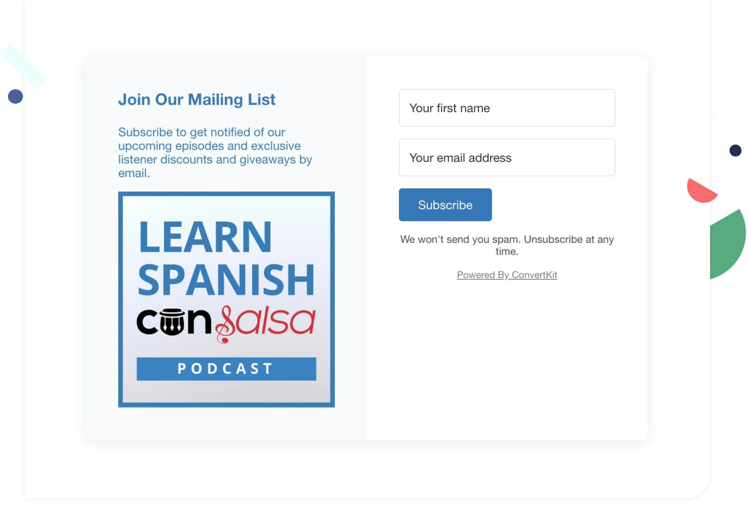 Learn Spanish Con Salsa's newsletter landing page