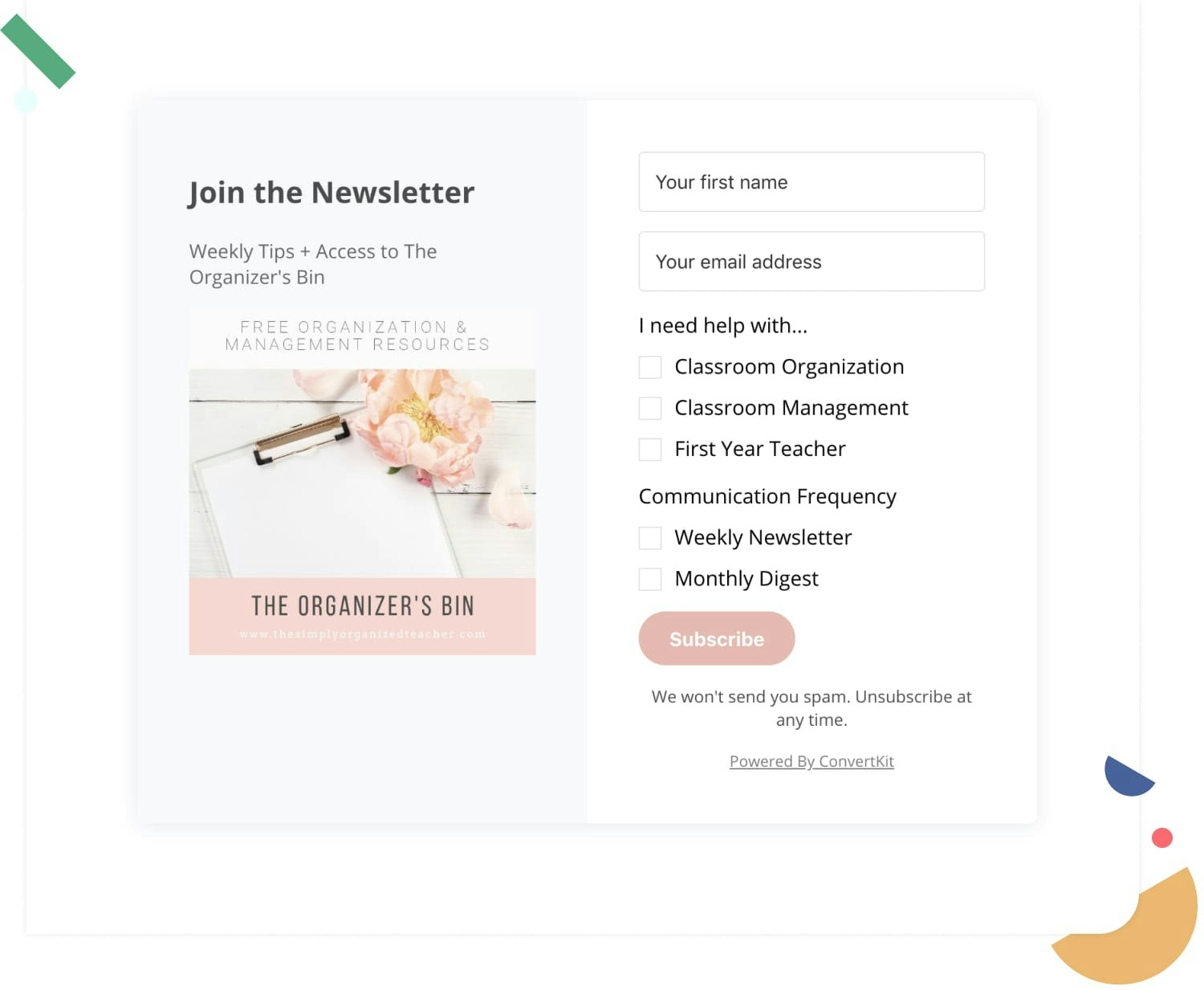 The Simply Organized Teacher's newsletter landing page