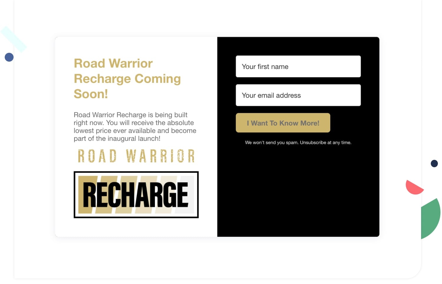 Road Warrior Recharge's coming soon landing page