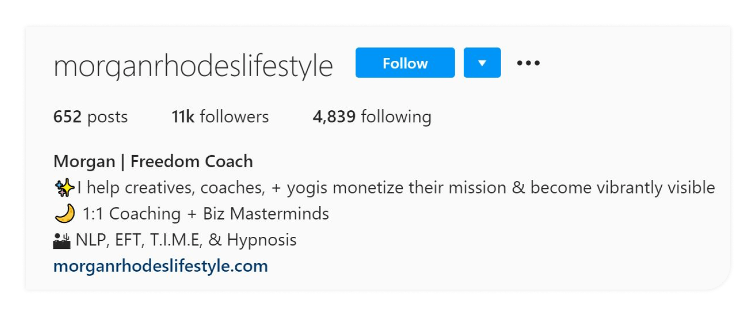 ConvertKit user Morgan has written a bio that is clear, concise and helps visitors understand what she does. Image via @morganrhodeslifestyle