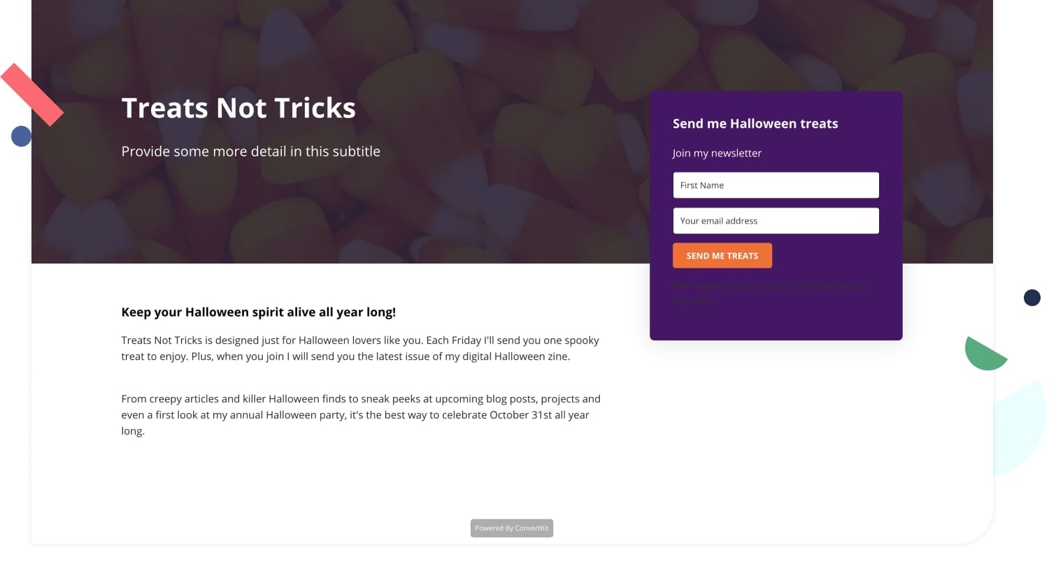 Treats Not Tricks' newsletter landing page