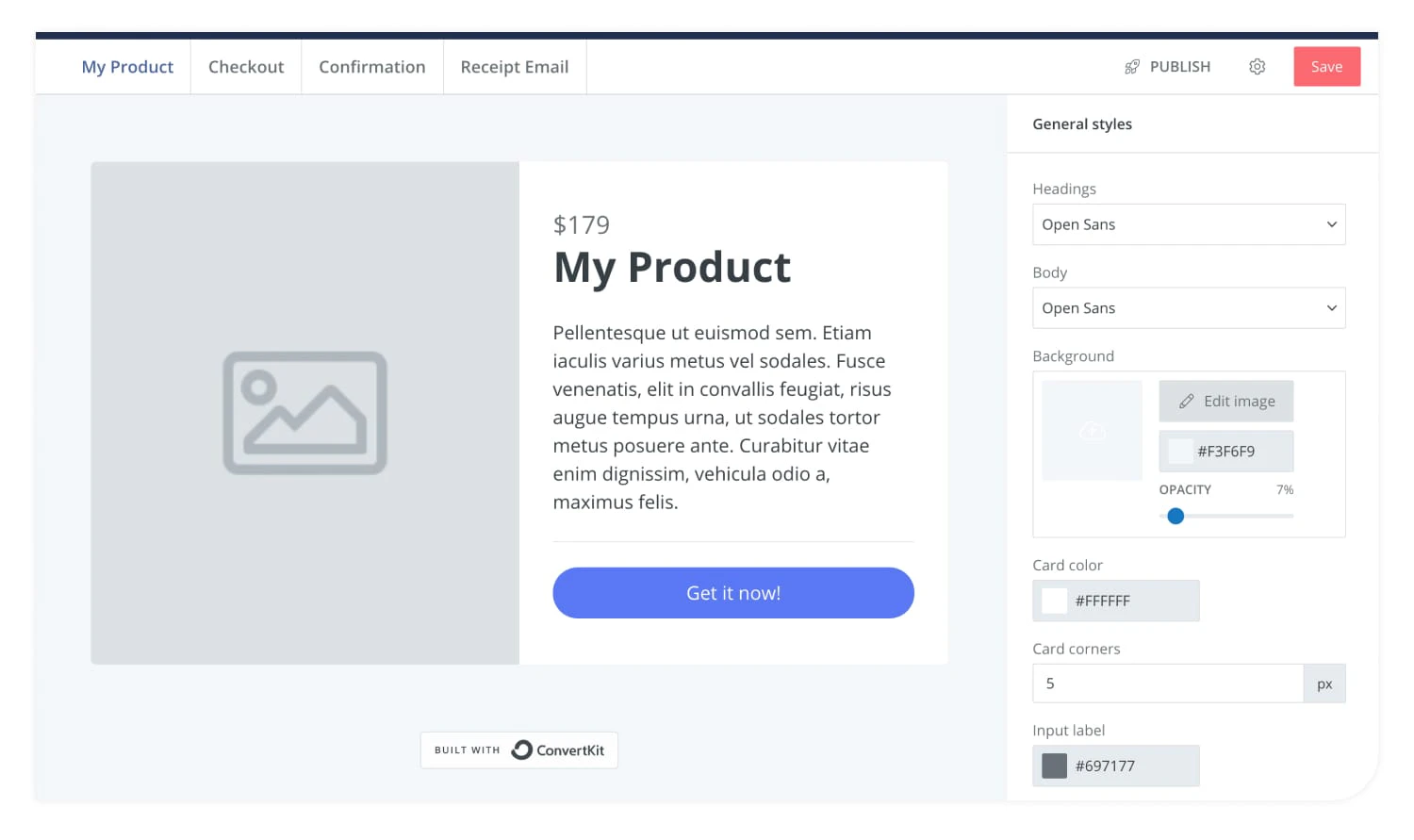 In just a few clicks you can update the look and feel of your ebook sales page to match your branding. Image via ConvertKit. 